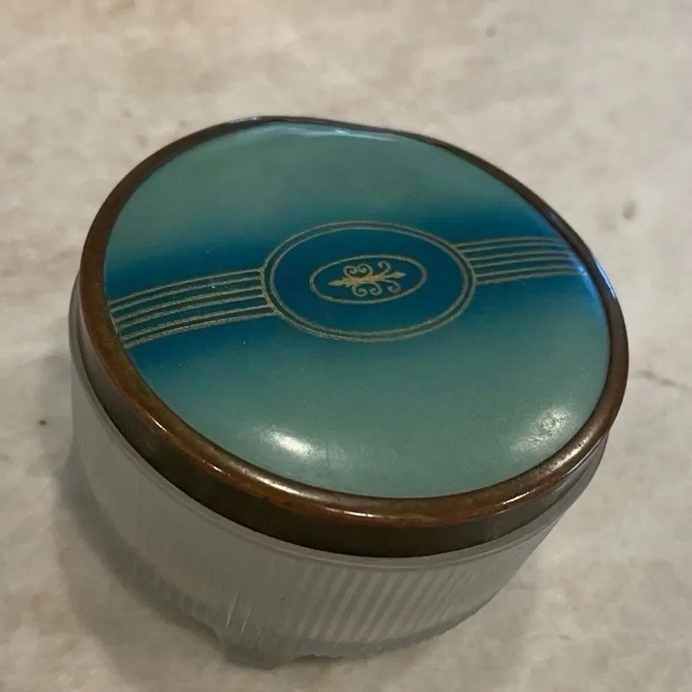 Vintage 50’s Powder jar teal lid brass trim